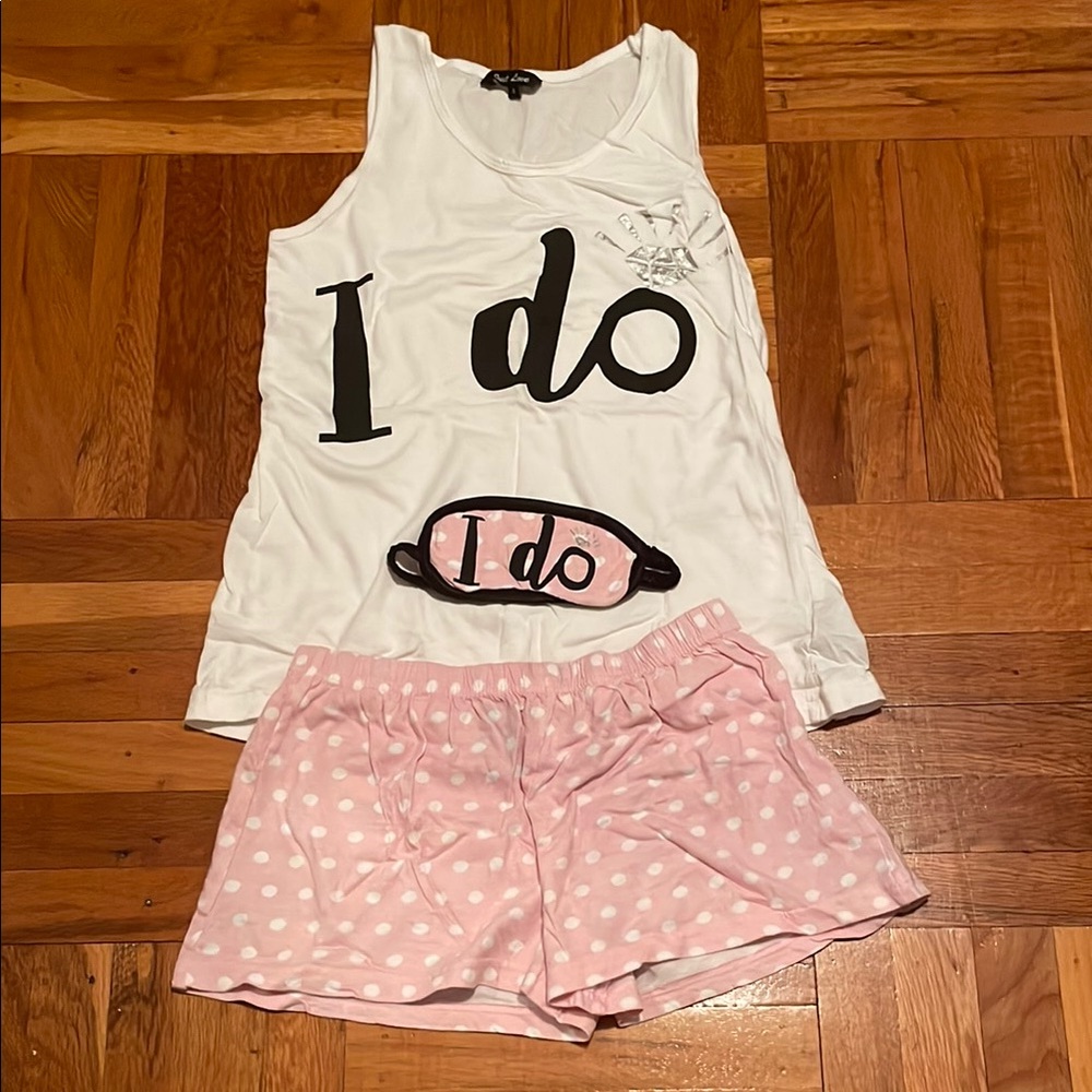 White 'I Do' Tank Top and Pink Polka Dot Shorts Set with eye mask Size Small